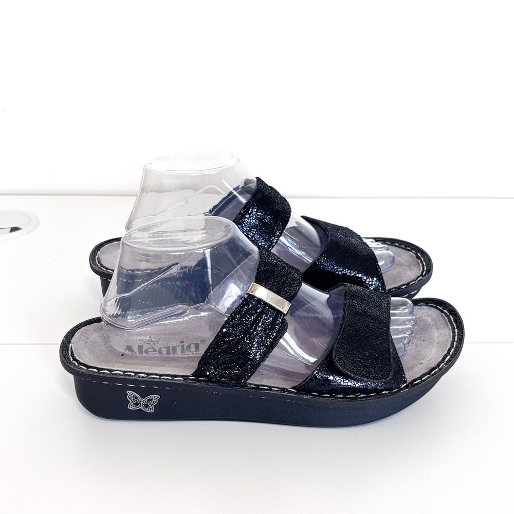Alegria‎ Karmen Double Strap Leather Slide Sandals Size 41 10.5-11Black Metallic